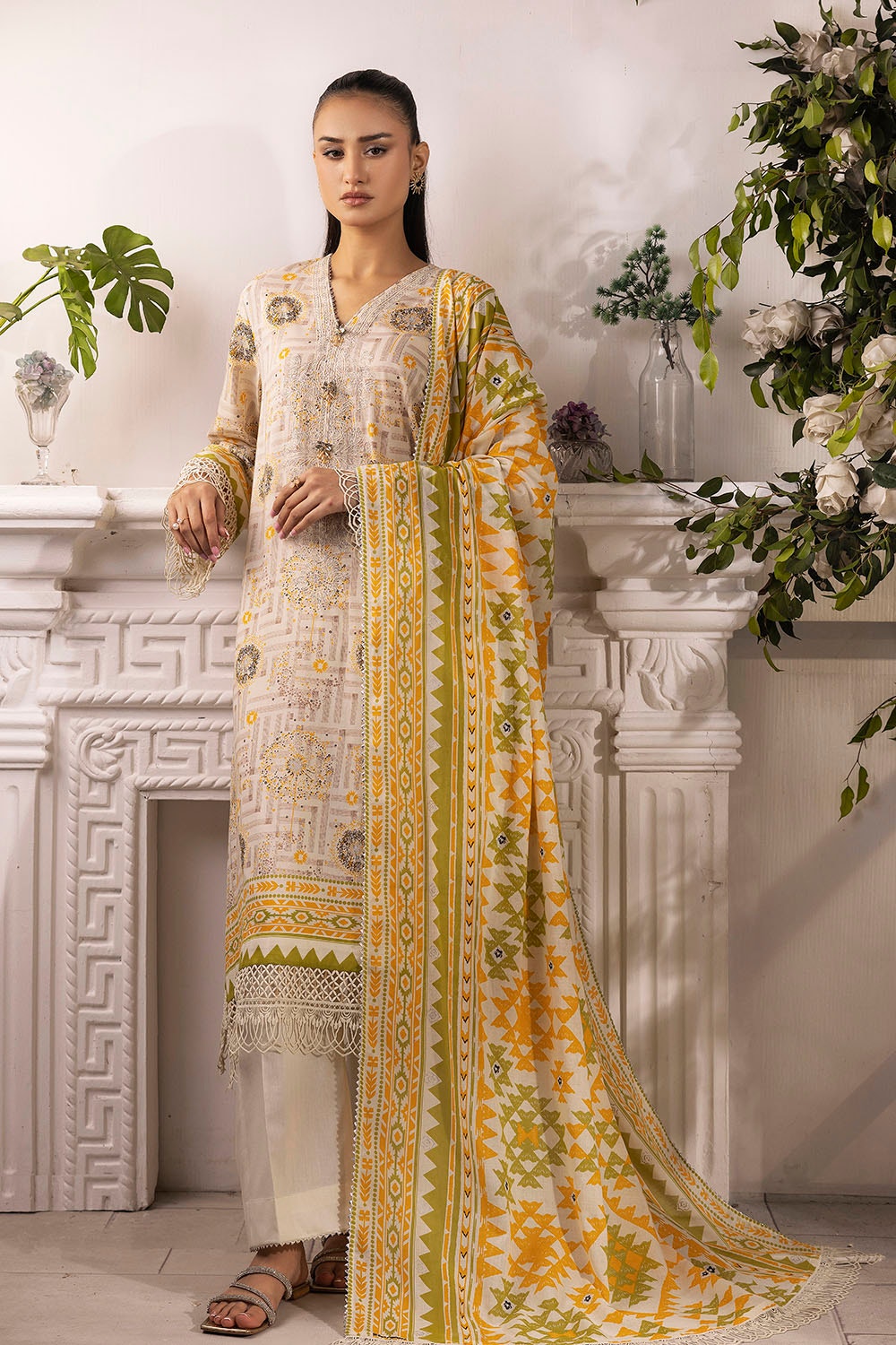 3 Piece Unstitched Embroidered Silver Printed Lawn Suit with Silver Printed Lawn Dupatta CL-52343