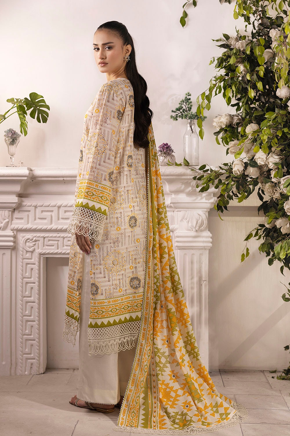 3 Piece Unstitched Embroidered Silver Printed Lawn Suit with Silver Printed Lawn Dupatta CL-52343