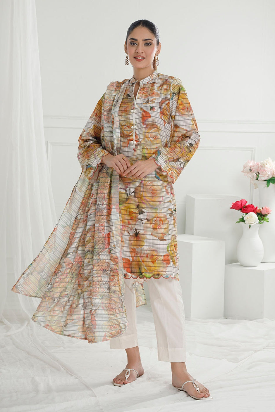 3 Piece Unstitched Cotton Silk Suit with Printed Burnout Blend Dupatta