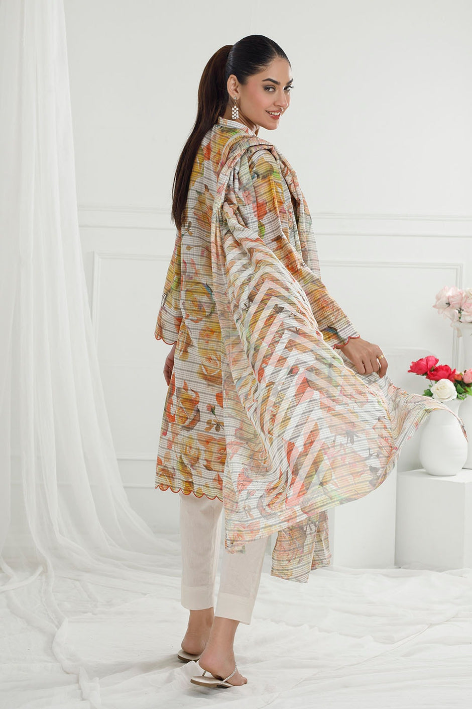 3 Piece Unstitched Cotton Silk Suit with Printed Burnout Blend Dupatta