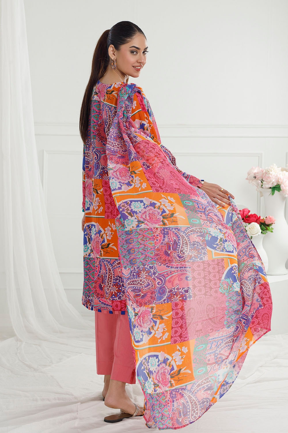 3 Piece Unstitched Printed Cotton Silk Suit with Printed Chiffon Dupatta