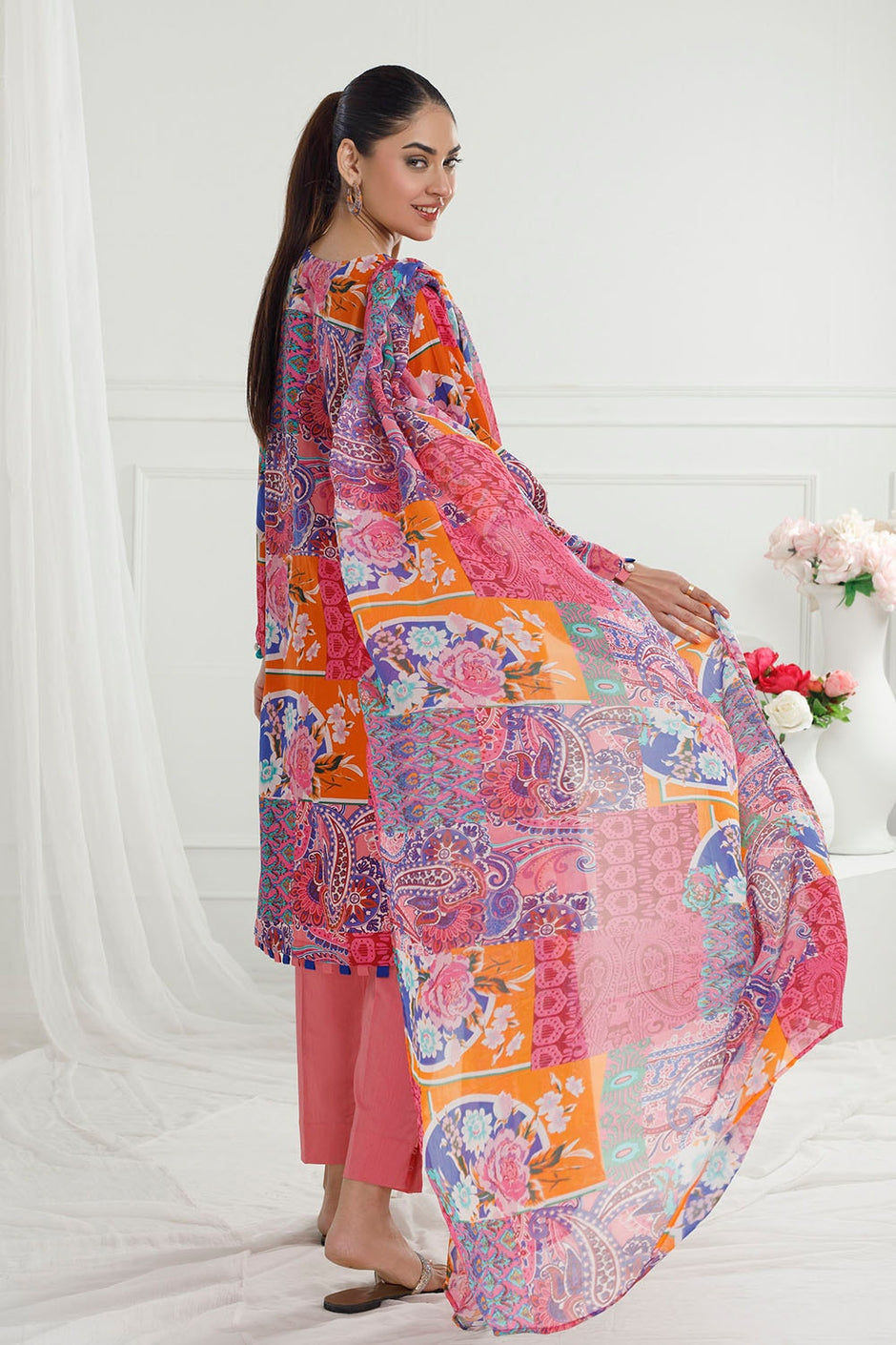 3 Piece Unstitched Printed Cotton Silk Suit with Printed Chiffon Dupatta