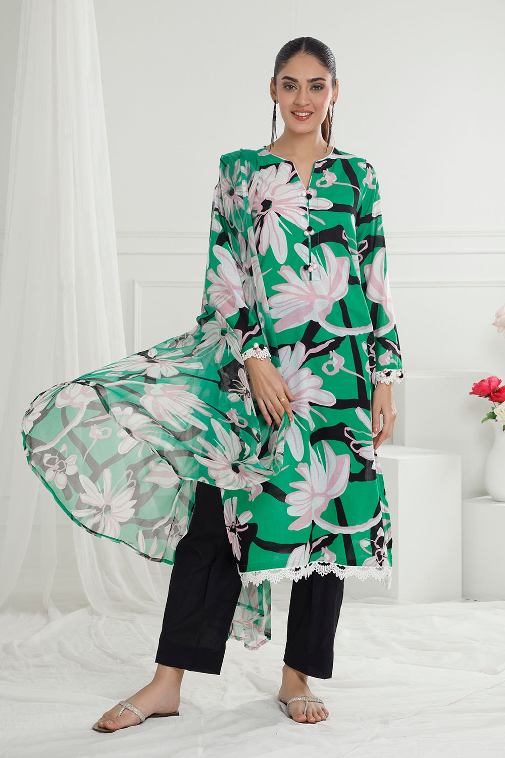 3 Piece Unstitched Printed Lawn Suit with Printed Pure Silk Chiffon Dupatta C-52004
