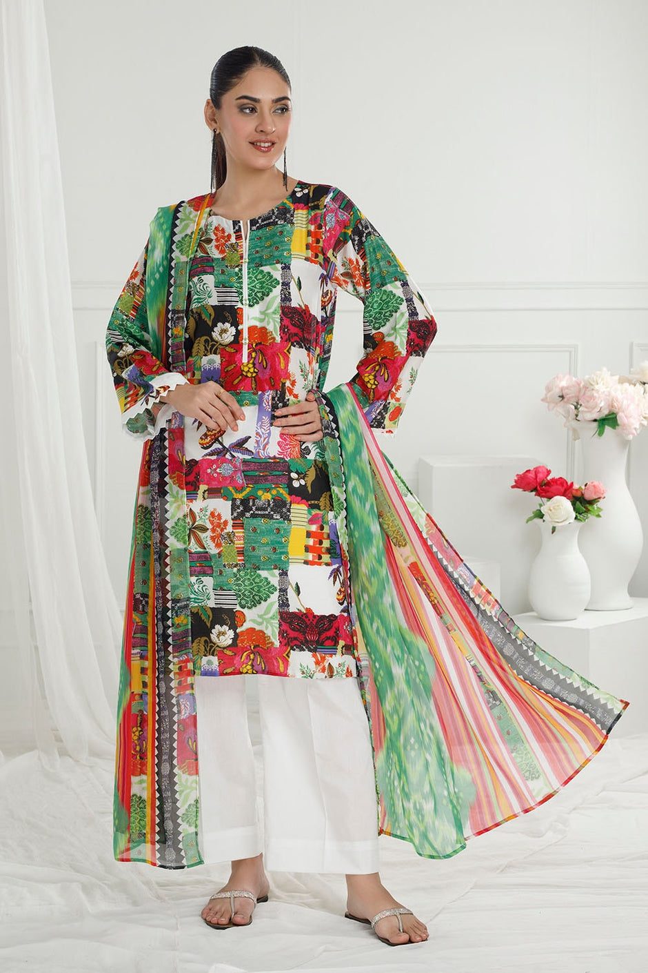 3 Piece Unstitched Printed Pure Bamboo Silk Suit with Printed Chiffon Dupatta