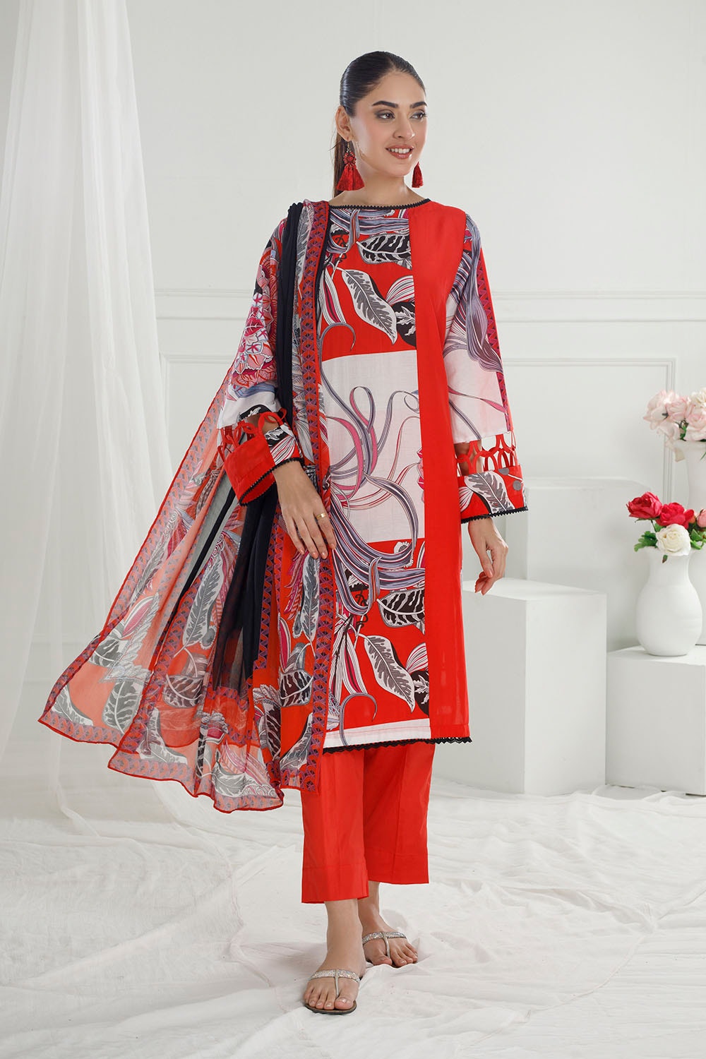 3 Piece Unstitched Printed Cotton Silk Suit with Printed Chiffon Dupatta CS-52006