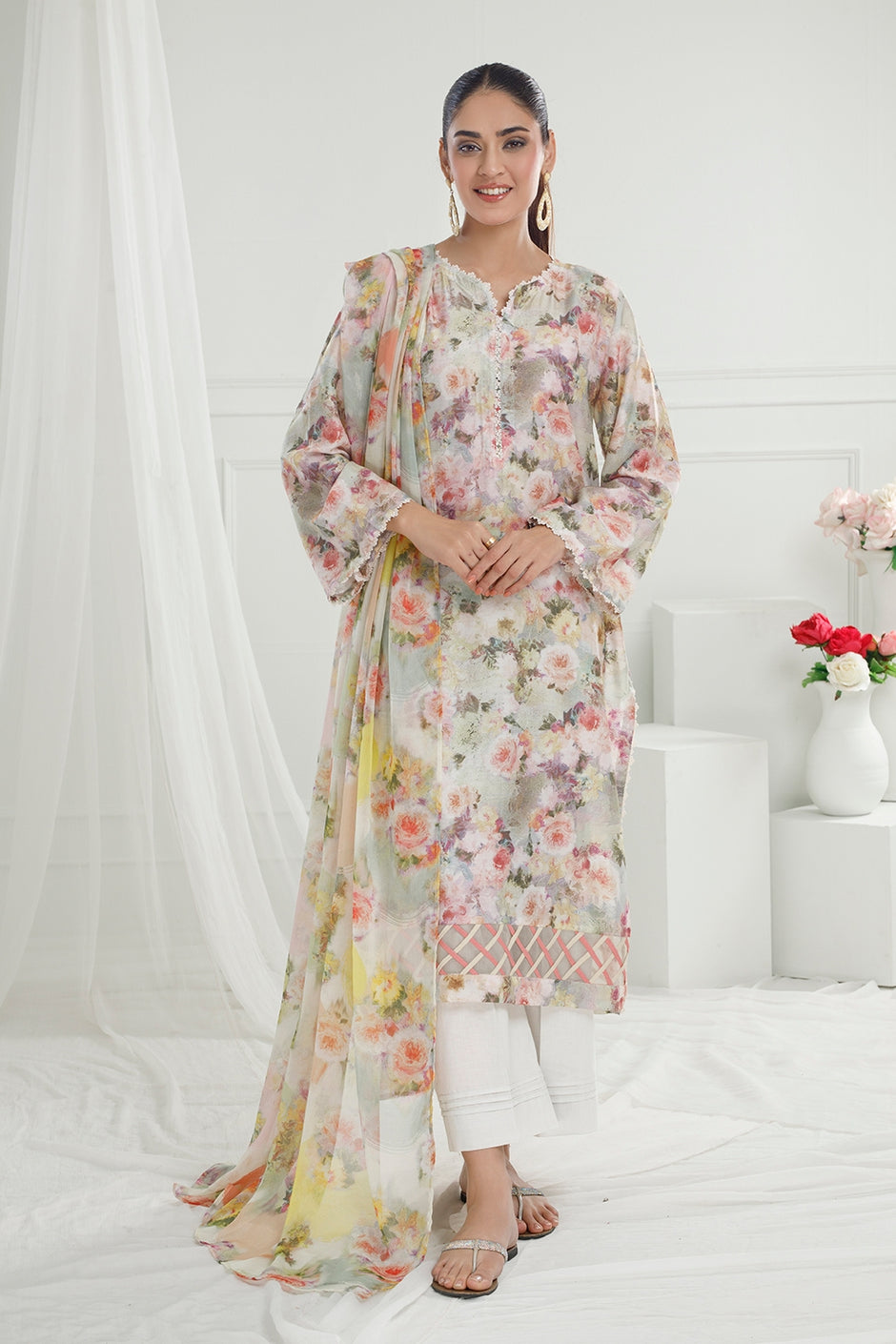 3 Piece Unstitched Printed Pure Bamboo Silk Suit with Printed Chiffon Dupatta
