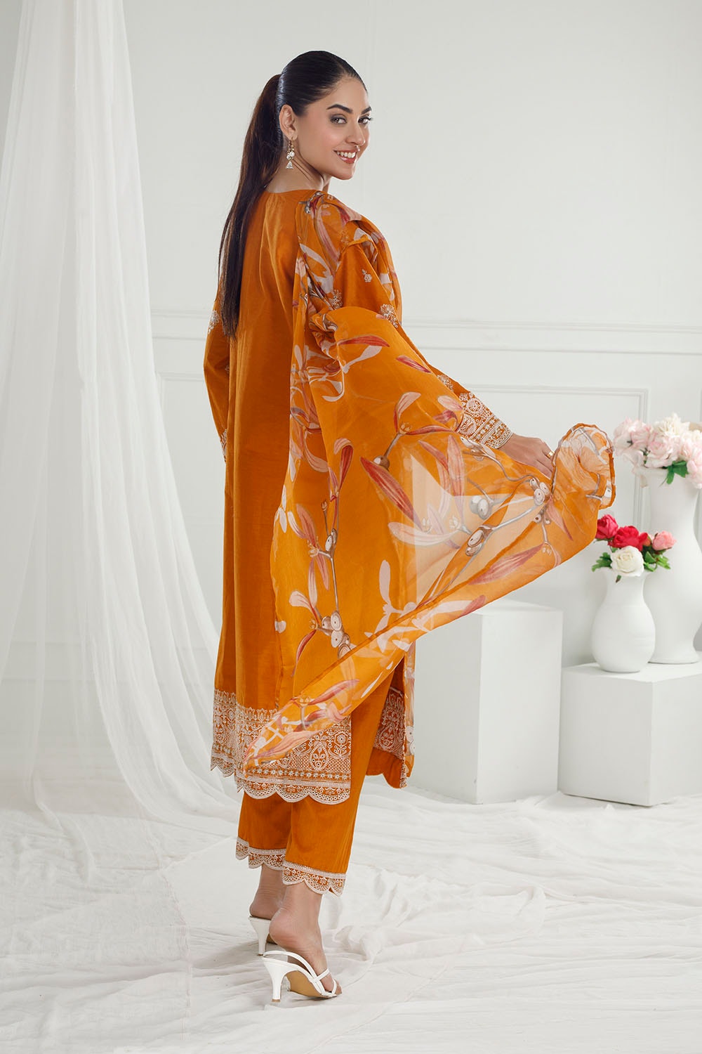 3 Piece Unstithed Embroidered Lawn Suit with Printed Pure Silk Chiffon Dupatta C-52002
