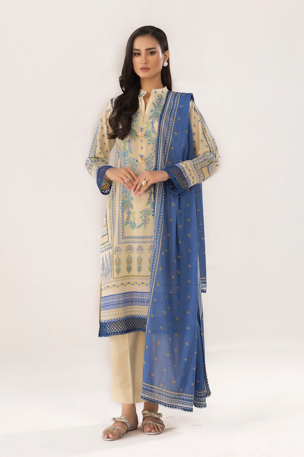 3 Piece Unstitched Embroidered Printed Lawn Suit with Printed Lawn Dupatta