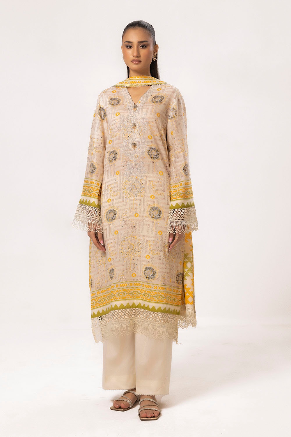 3 Piece Unstitched Embroidered Silver Printed Lawn Suit with Silver Printed Lawn Dupatta CL-52343