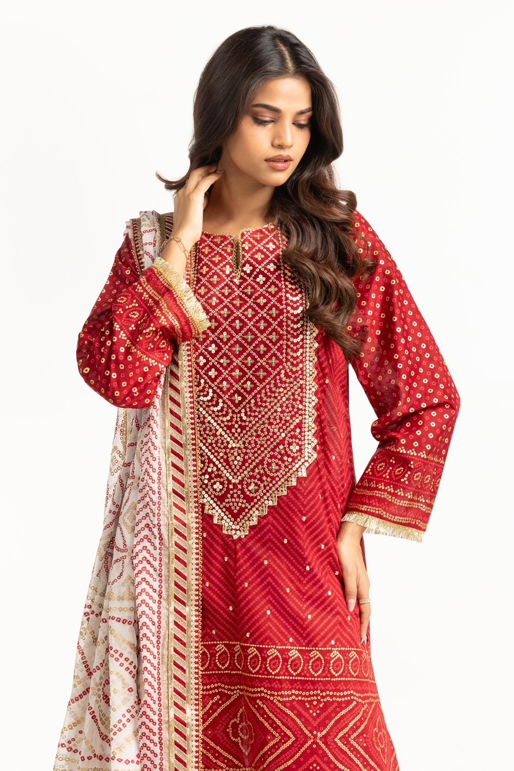 3PC Lawn Gold And Lacquer Printed Suit With Embroidered IUSTKSD-720