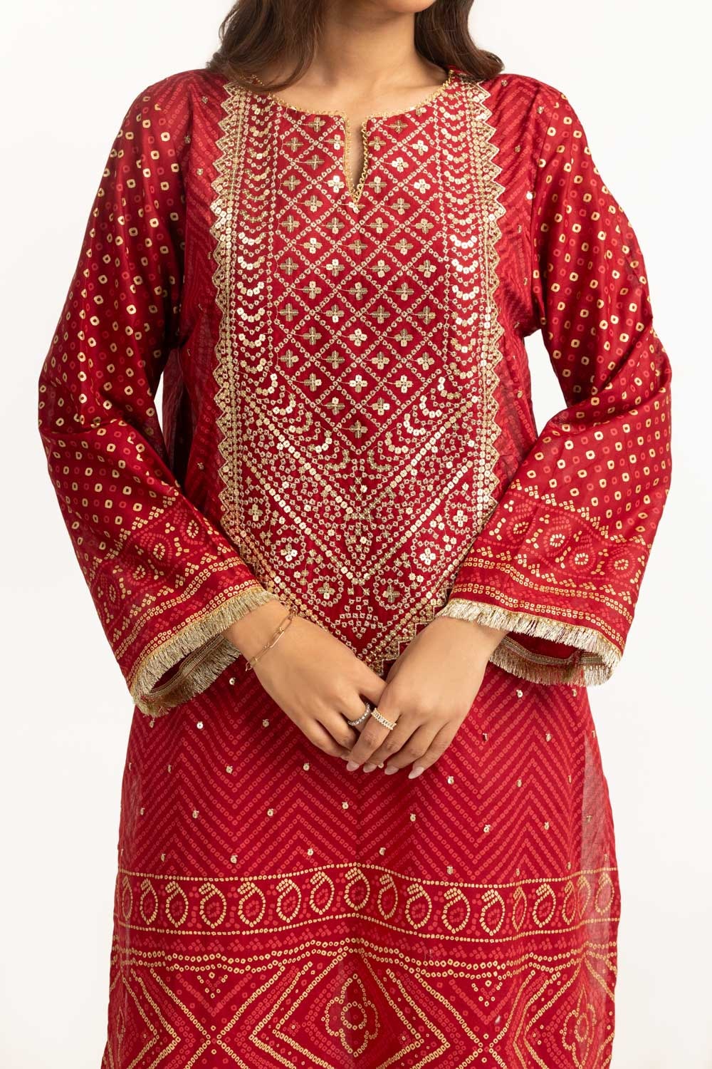 3PC Lawn Gold And Lacquer Printed Suit With Embroidered IUSTKSD-720