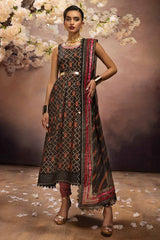 3 Piece Embroidered Gold and Lacquer Printed Lawn Suit with Cotton Net Dupatta CN-32027