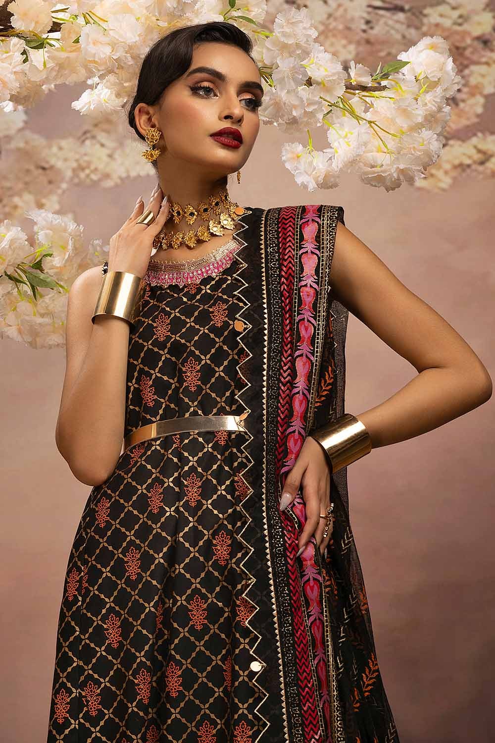 3 Piece Embroidered Gold and Lacquer Printed Lawn Suit with Cotton Net Dupatta CN-32027