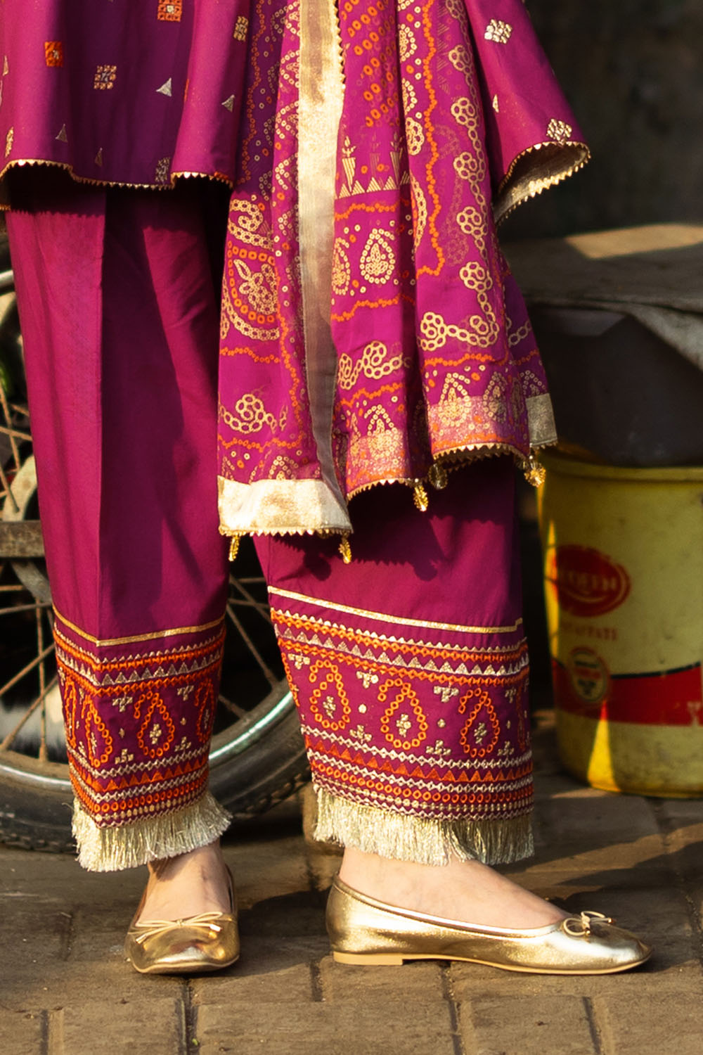 3 Piece Embroidered Lawn Suit with Gold and Lacquer Printed Chiffon Dupatta and Dyed Trouser