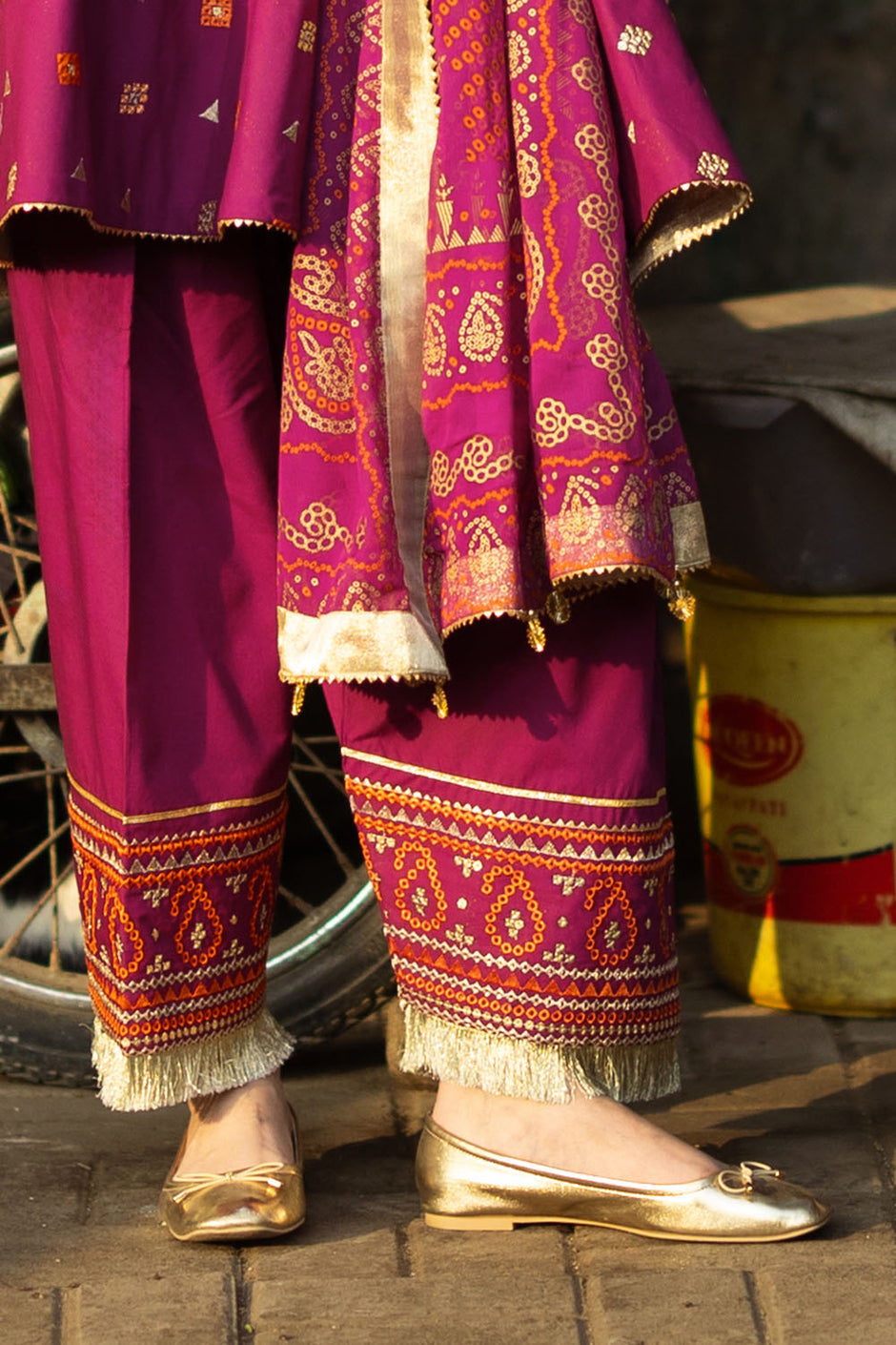 3 Piece Embroidered Lawn Suit with Gold and Lacquer Printed Chiffon Dupatta and Dyed Trouser