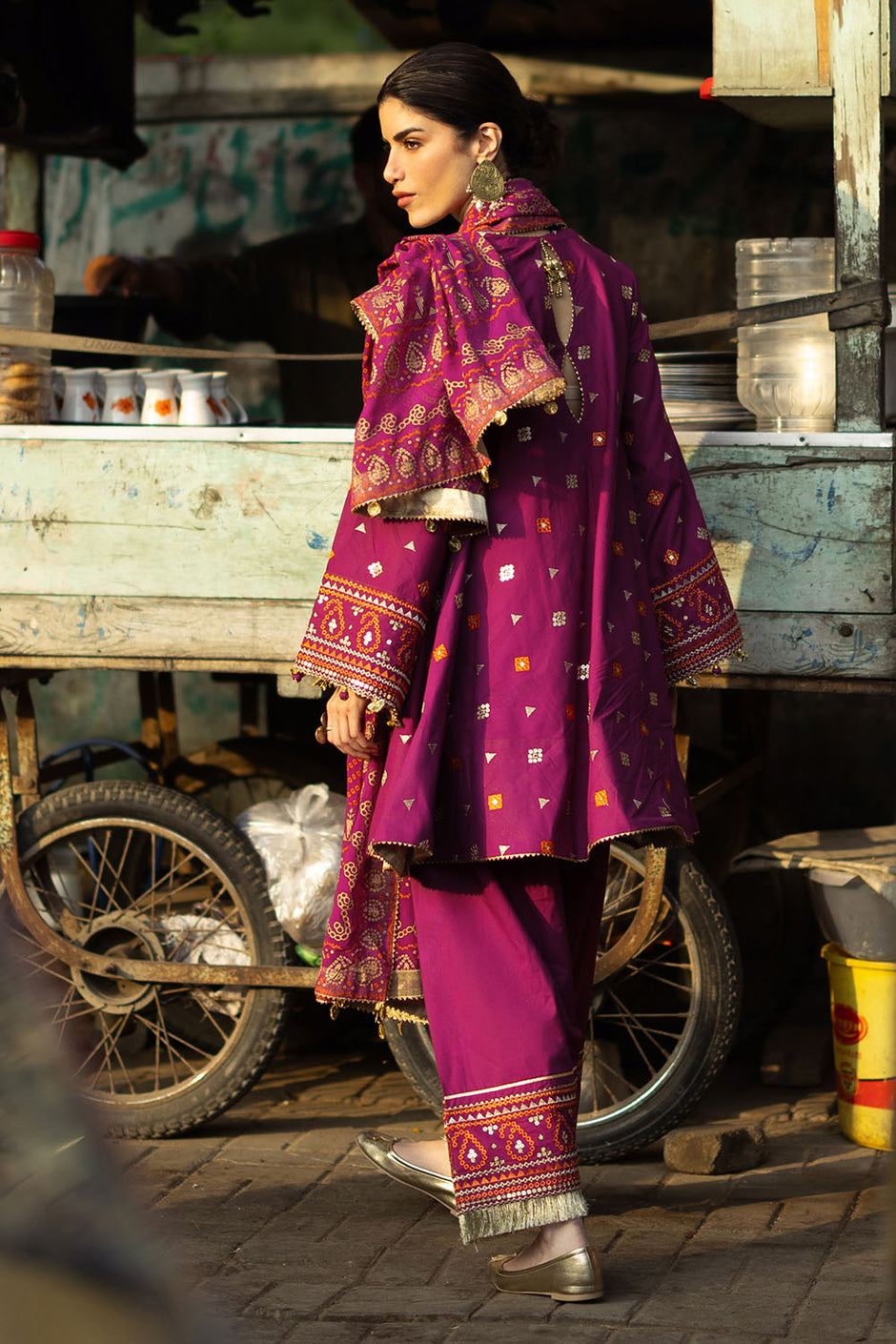 3 Piece Embroidered Lawn Suit with Gold and Lacquer Printed Chiffon Dupatta and Dyed Trouser