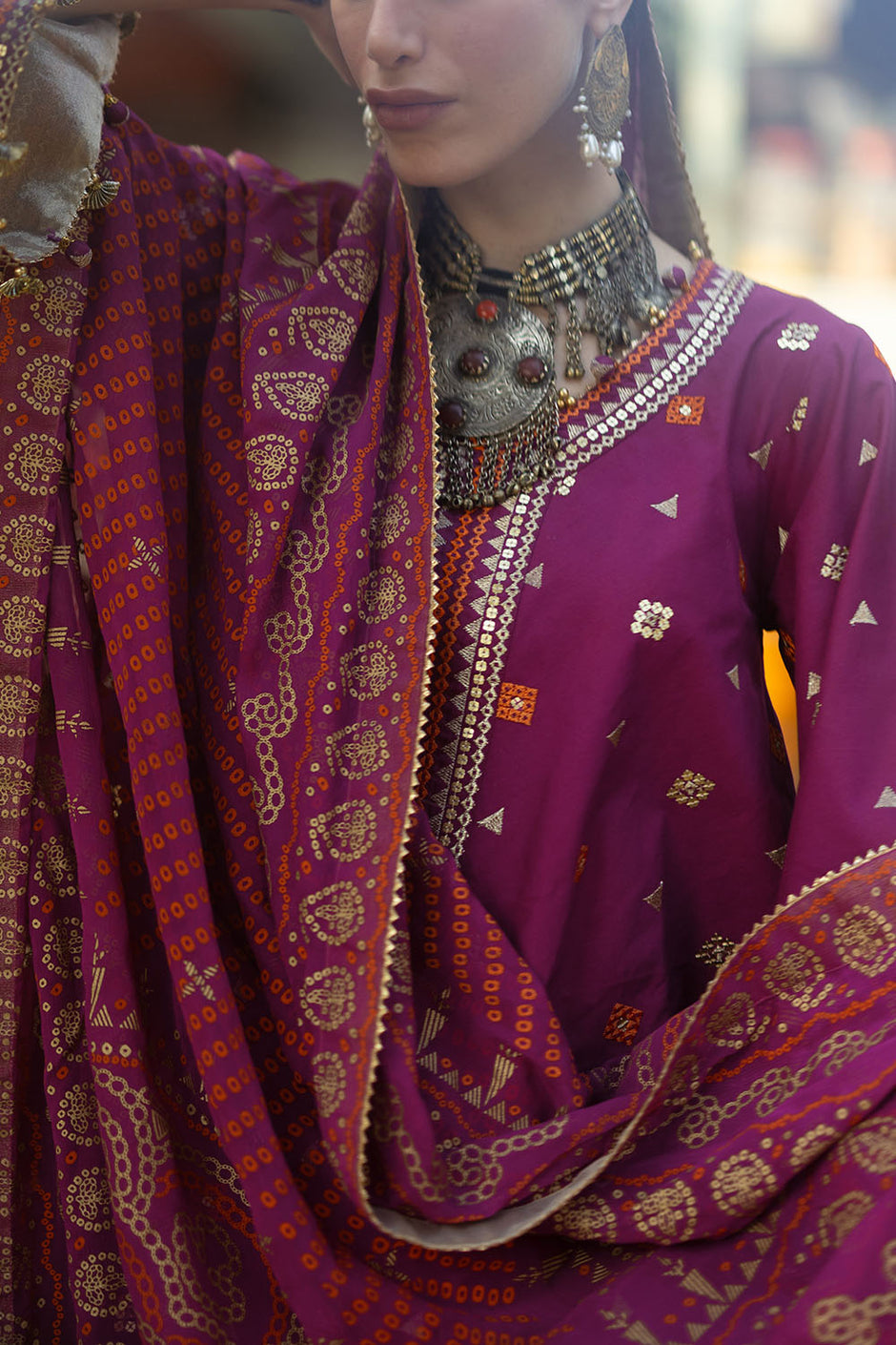 3 Piece Embroidered Lawn Suit with Gold and Lacquer Printed Chiffon Dupatta and Dyed Trouser