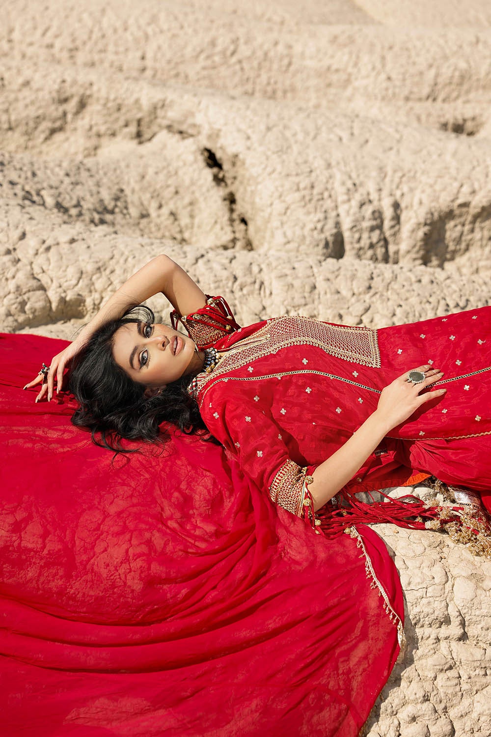 3 Piece Unstitched Embroidered Raw Silk Suit with Gold Lacquer Embroidered Printed Chiffon Dupatta BM-52019