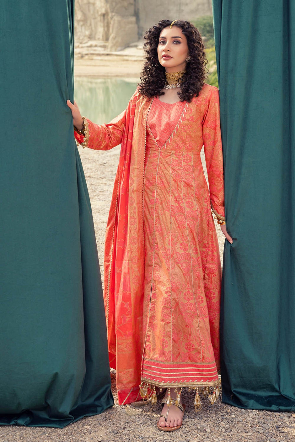 3 Piece Unstitched Gold and Lacquer Printed Lawn Suit