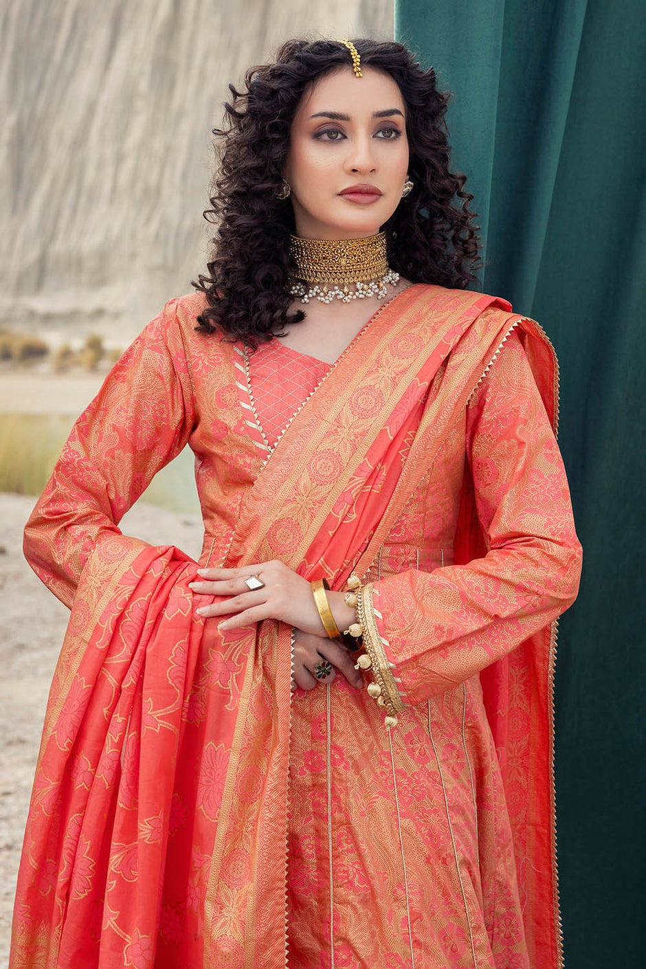 3 Piece Unstitched Gold and Lacquer Printed Lawn Suit