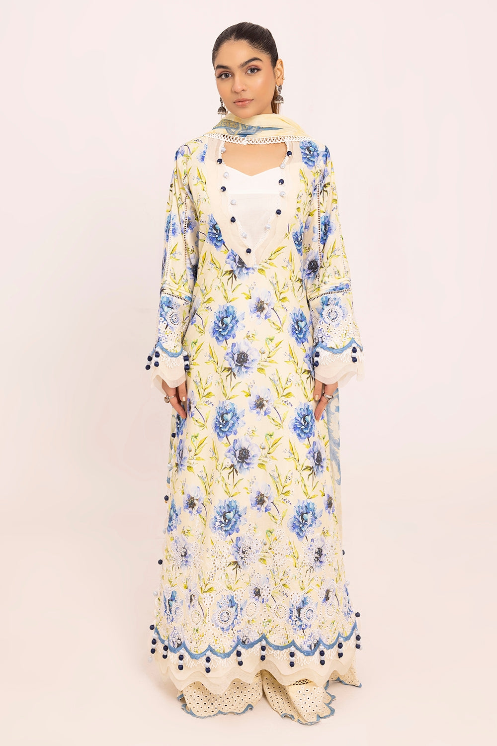 3 Piece Unstithed Embroidered Lawn Suit with Printed Chiffon Dupatta BM-42036