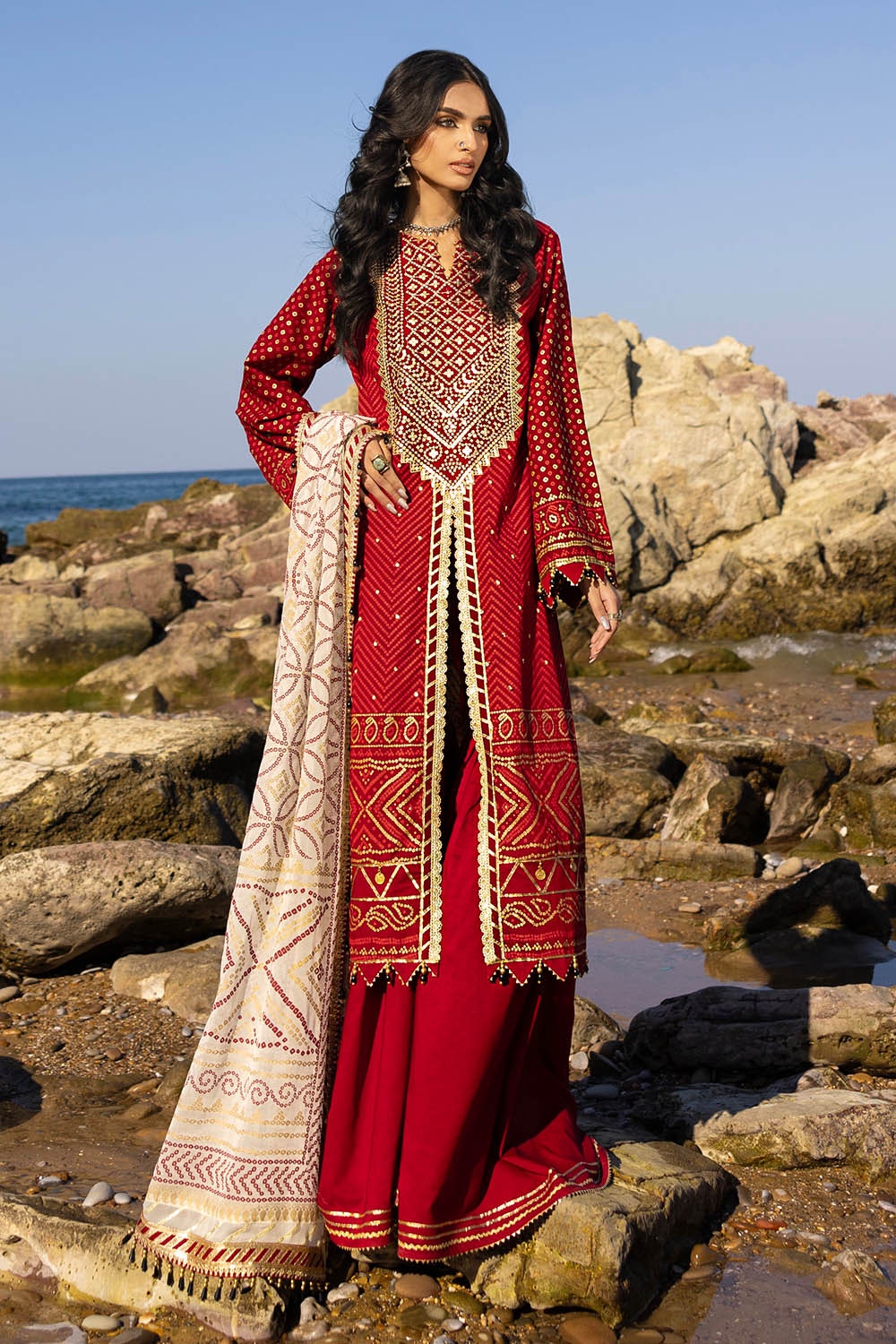 3 Piece Unstitched Embroidered Lawn Suit with Zari Sequins Embroidered Chiffon Dupatta BM-52022