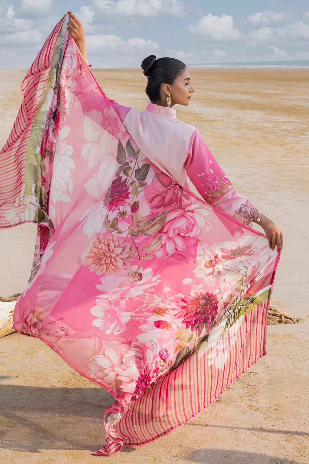 3 Piece Unstithed Embroidered Lawn Suit with Printed Chiffon Dupatta BM-52029