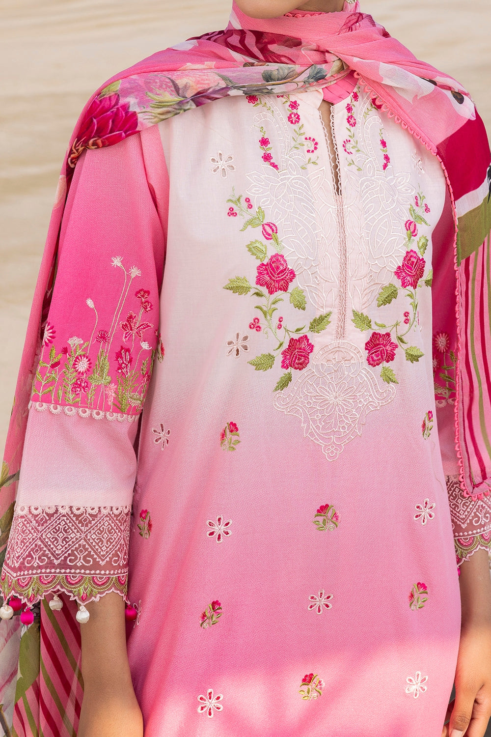 3 Piece Unstithed Embroidered Lawn Suit with Printed Chiffon Dupatta BM-52029