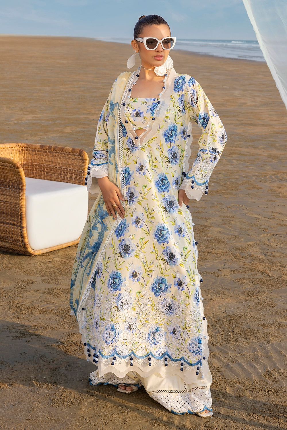 3 Piece Unstithed Embroidered Lawn Suit with Printed Chiffon Dupatta BM-42036