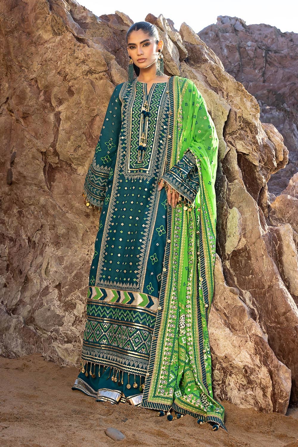 3 Piece Unstitched Embroidered Lawn Suit with Gold Lacquer Embroidered Printed Chiffon Dupatta BM-52025