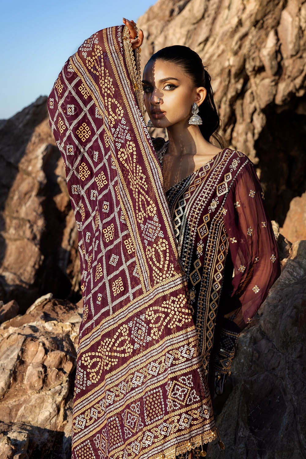 3 Piece Unstitched Embroidered Chiffon Suit with Gold Silver Printed Chiffon Dupatta BM-52023