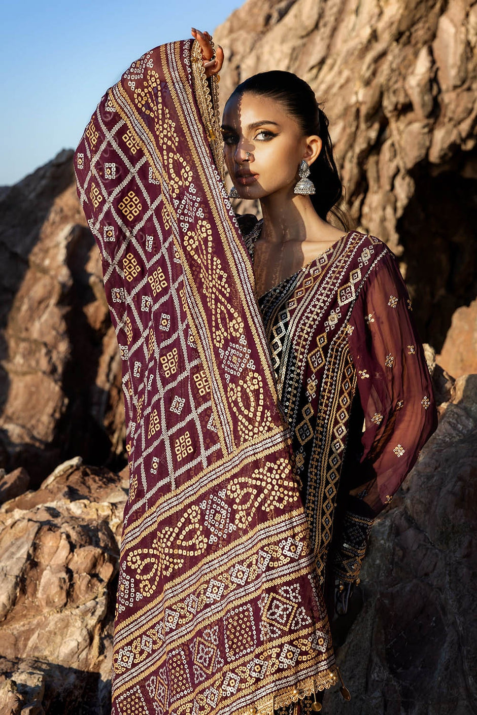 3 Piece Unstitched Embroidered Chiffon Suit with Gold Silver Printed Chiffon Dupatta