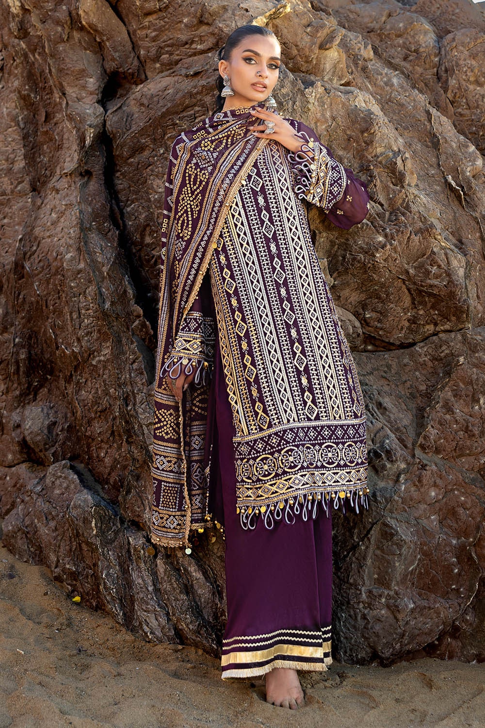3 Piece Unstitched Embroidered Chiffon Suit with Gold Silver Printed Chiffon Dupatta BM-52023