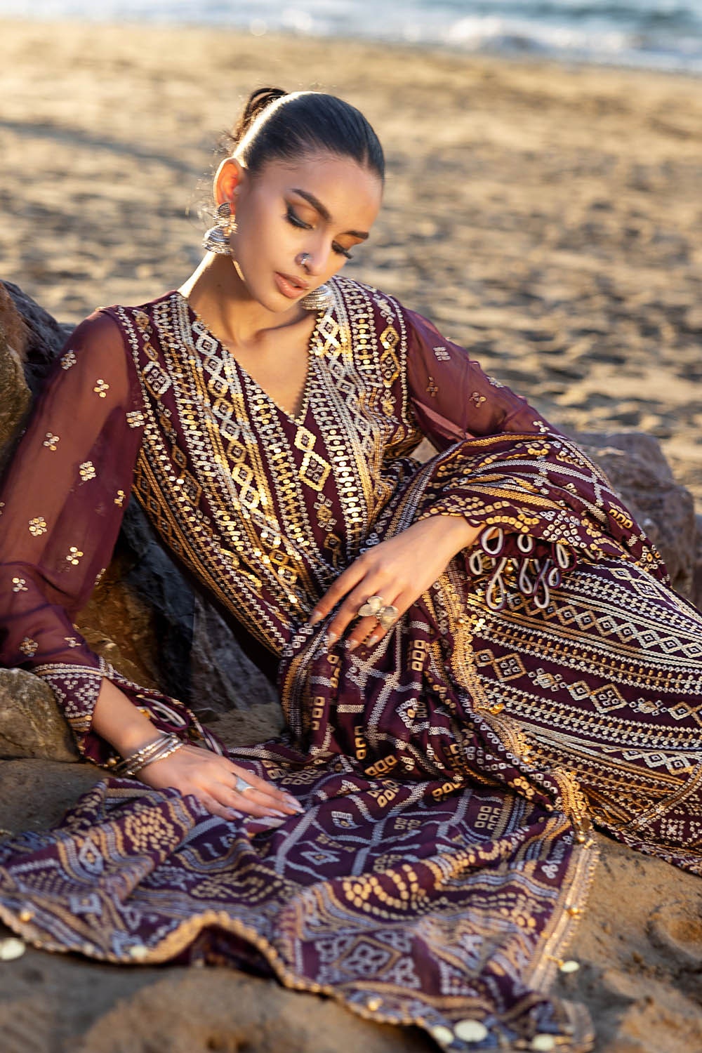3 Piece Unstitched Embroidered Chiffon Suit with Gold Silver Printed Chiffon Dupatta BM-52023