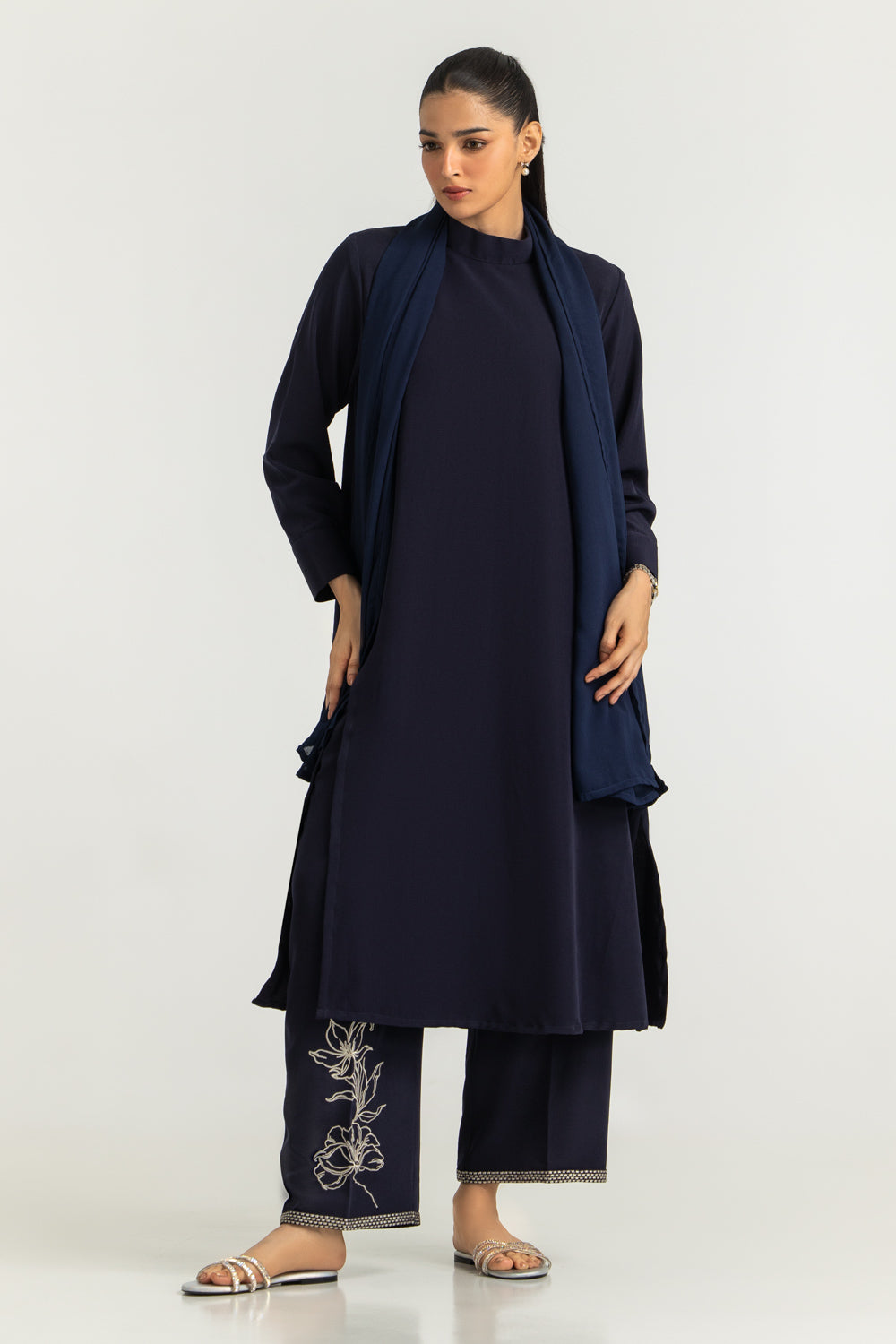 3PC Blended Dyed Shirt And Embroidered Trouser With Scarf
