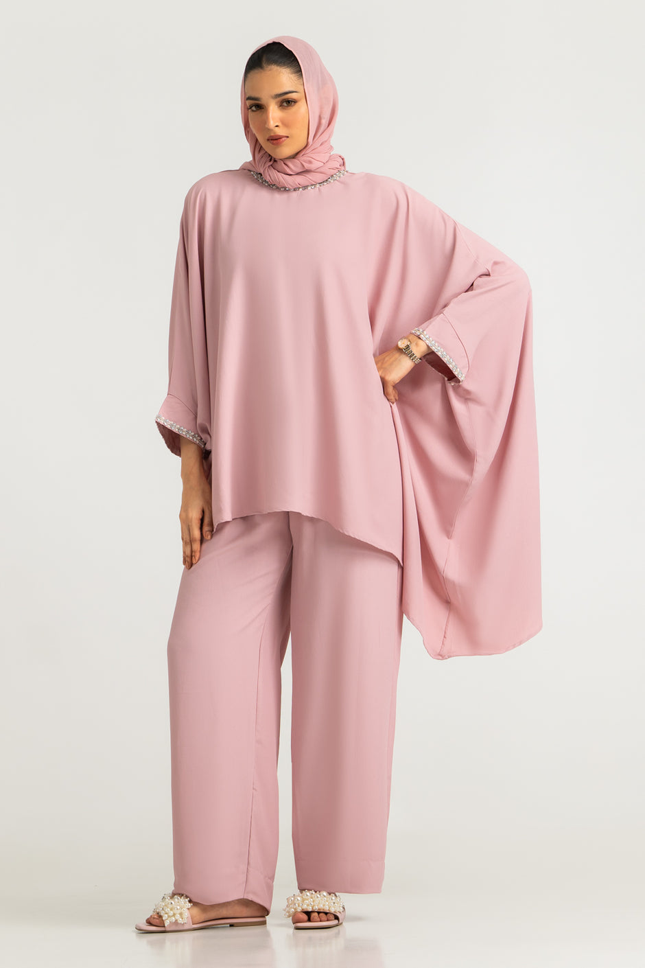 3PC Blended Dyed Shirt And Trouser With Scarf