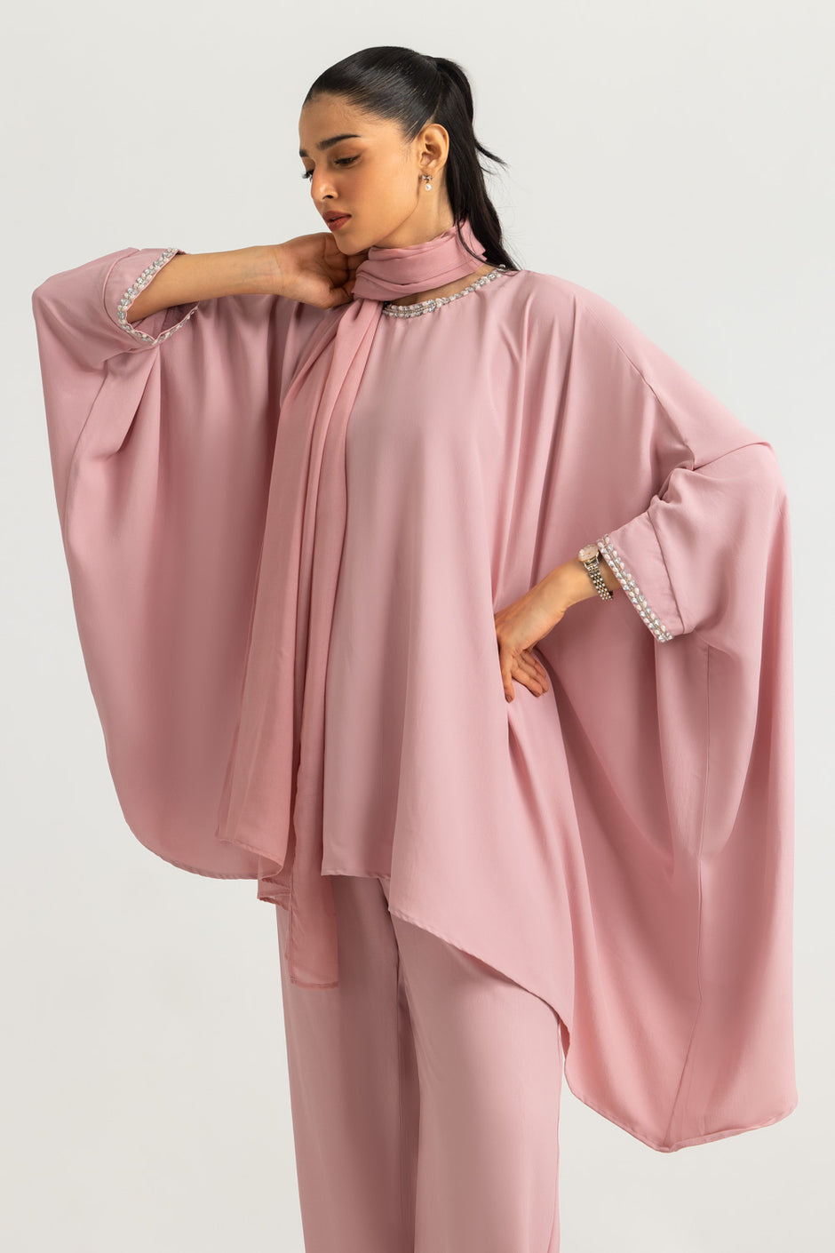 3PC Blended Dyed Shirt And Trouser With Scarf