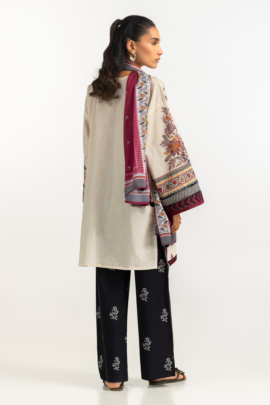 3PC Cambric Embroidered Suit With Printed Scarf