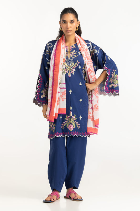 3PC Cambric Embroidered Suit With Printed Scarf IPST-SCF-77407