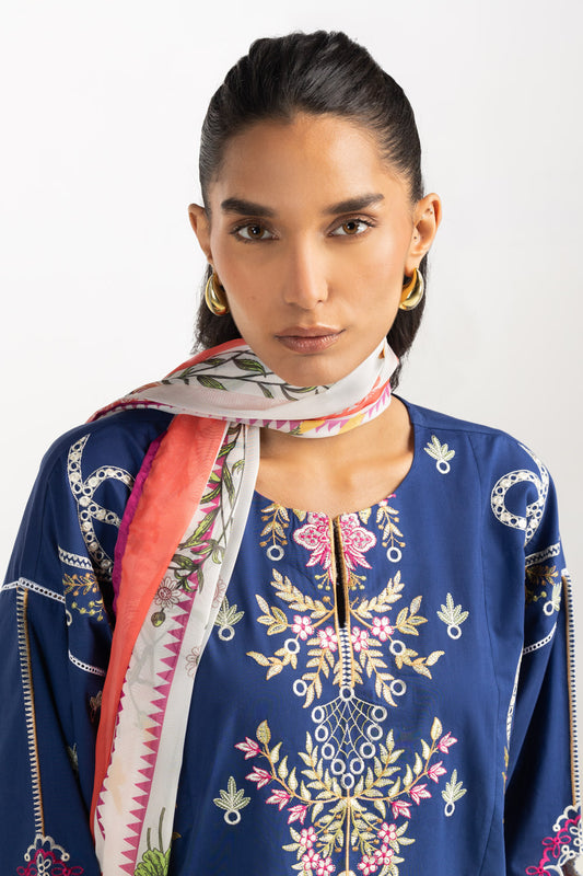 3PC Cambric Embroidered Suit With Printed Scarf IPST-SCF-77407