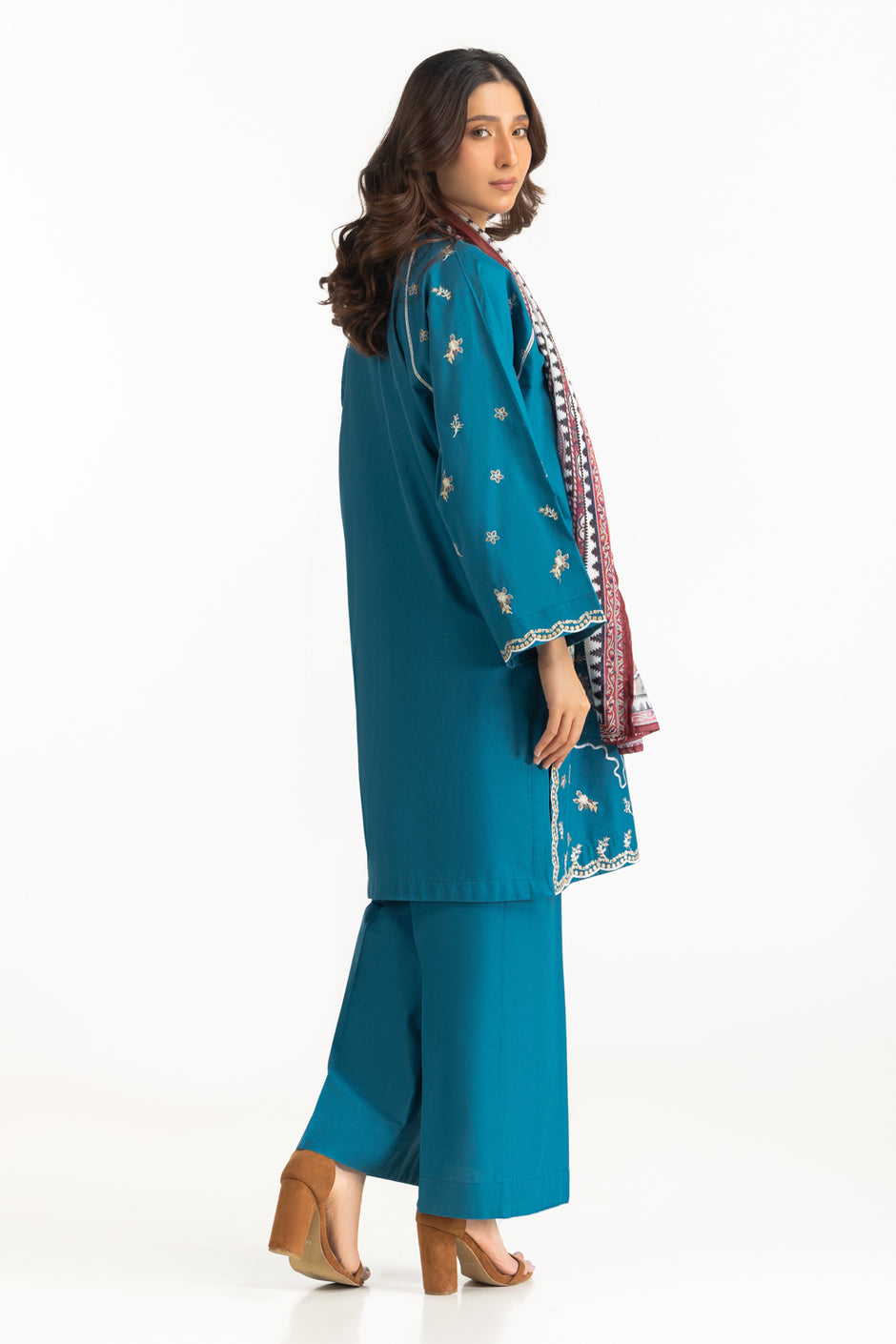 3PC Cambric Embroidered Suit With Scarf