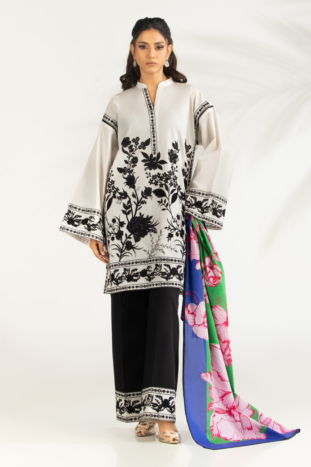 3PC Cambric Embroidered Suit With Scarf IPST-SCF-77408