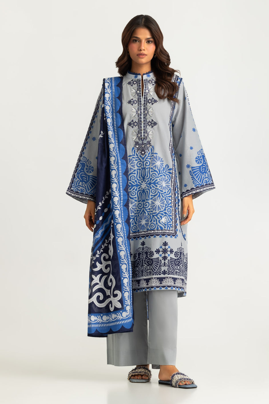 3PC Cambric Printed Suit With Embroidered