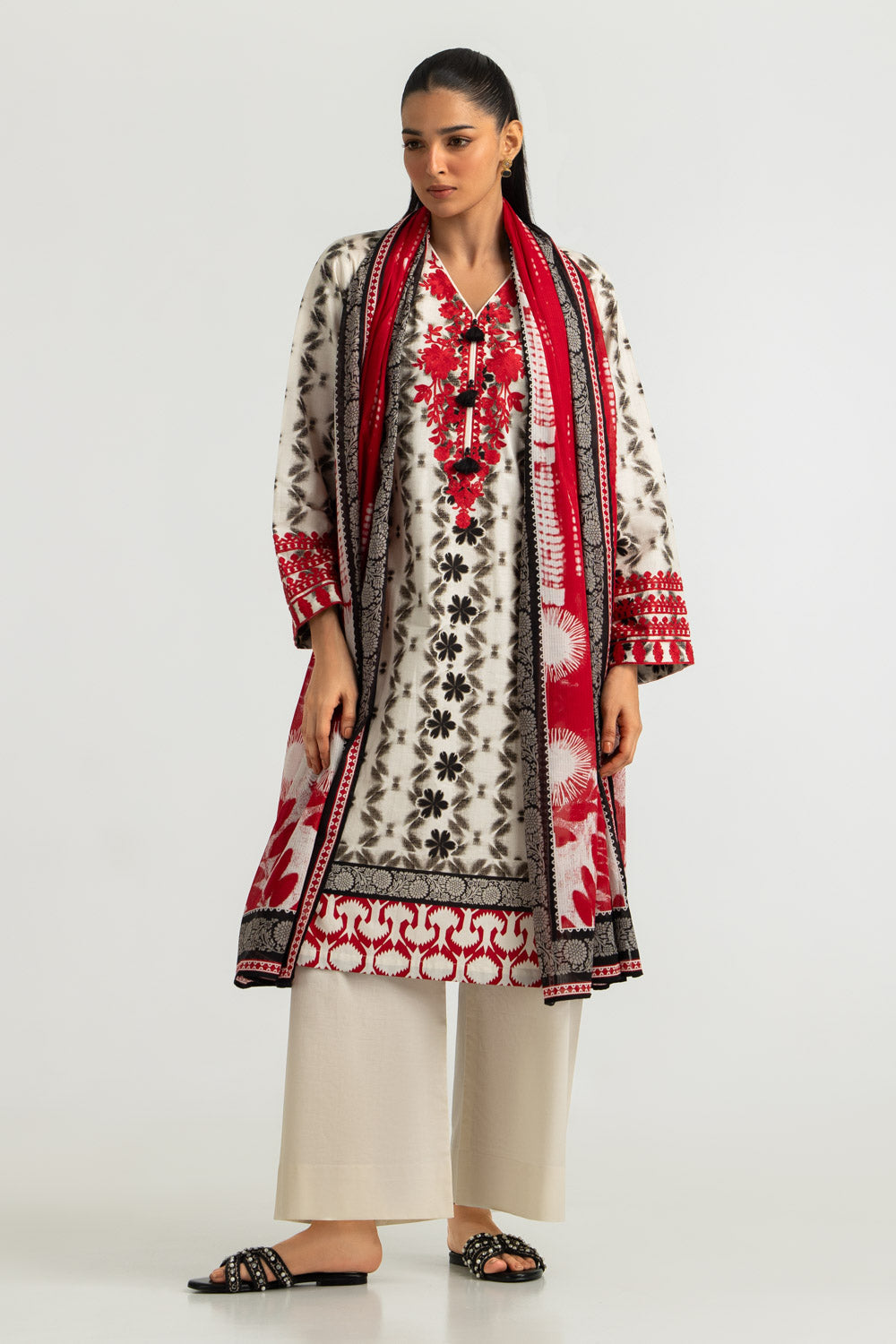 3PC Cambric Printed Suit With Embroidered