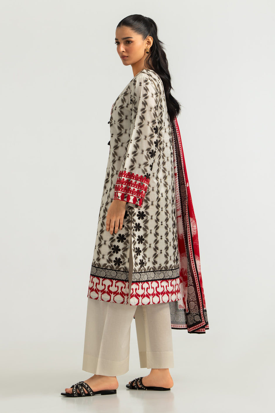 3PC Cambric Printed Suit With Embroidered