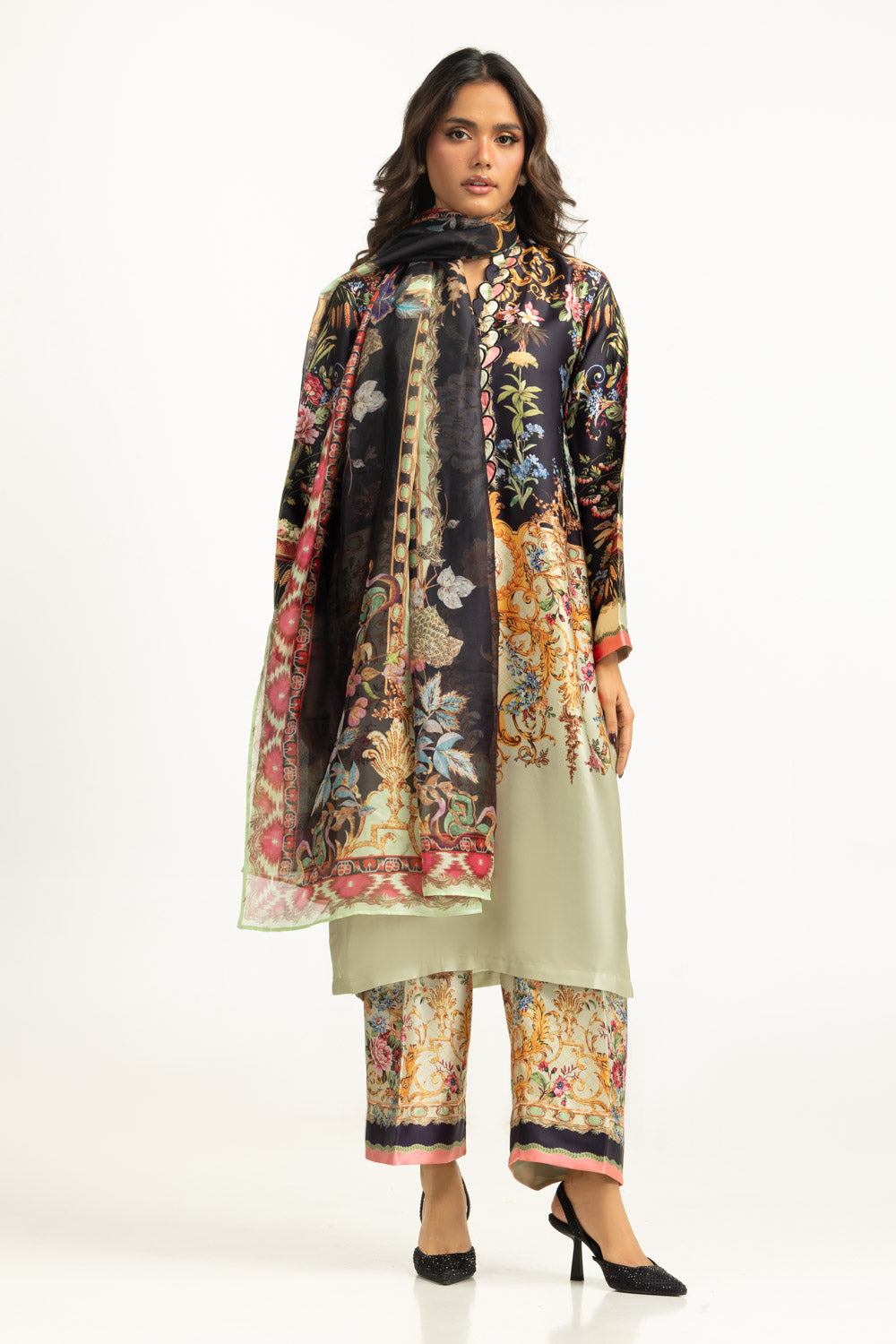 3PC Charmeuse Silk Printed Suit