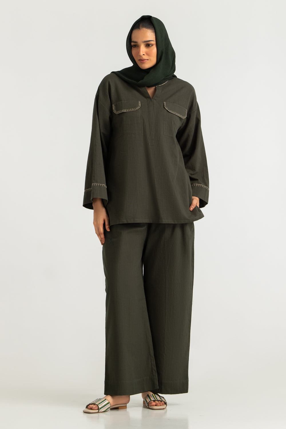 3PC Cotton Dyed Shirt And Trouser With Scarf