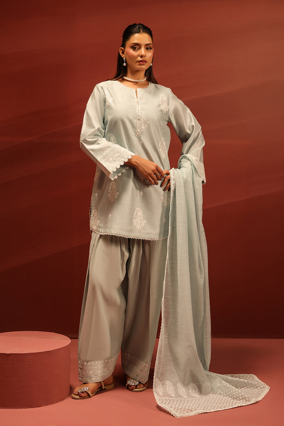 3PC Cotton Embroidered Suit