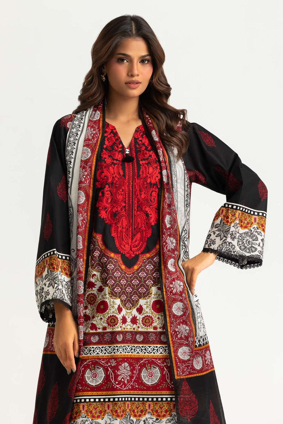 3PC Cotton Printed Suit With Embroidered