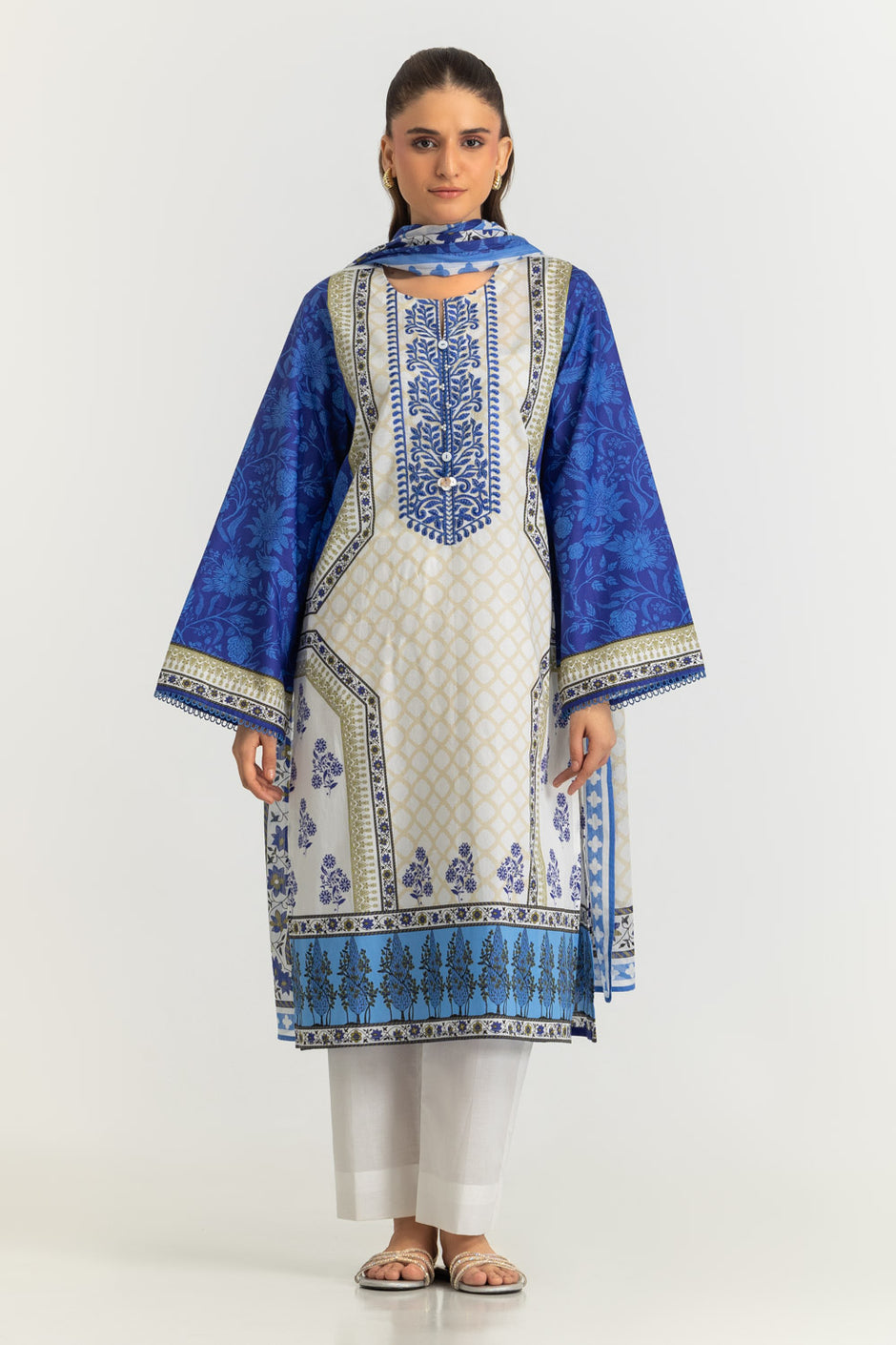 3PC Cotton Printed Suit With Embroidered